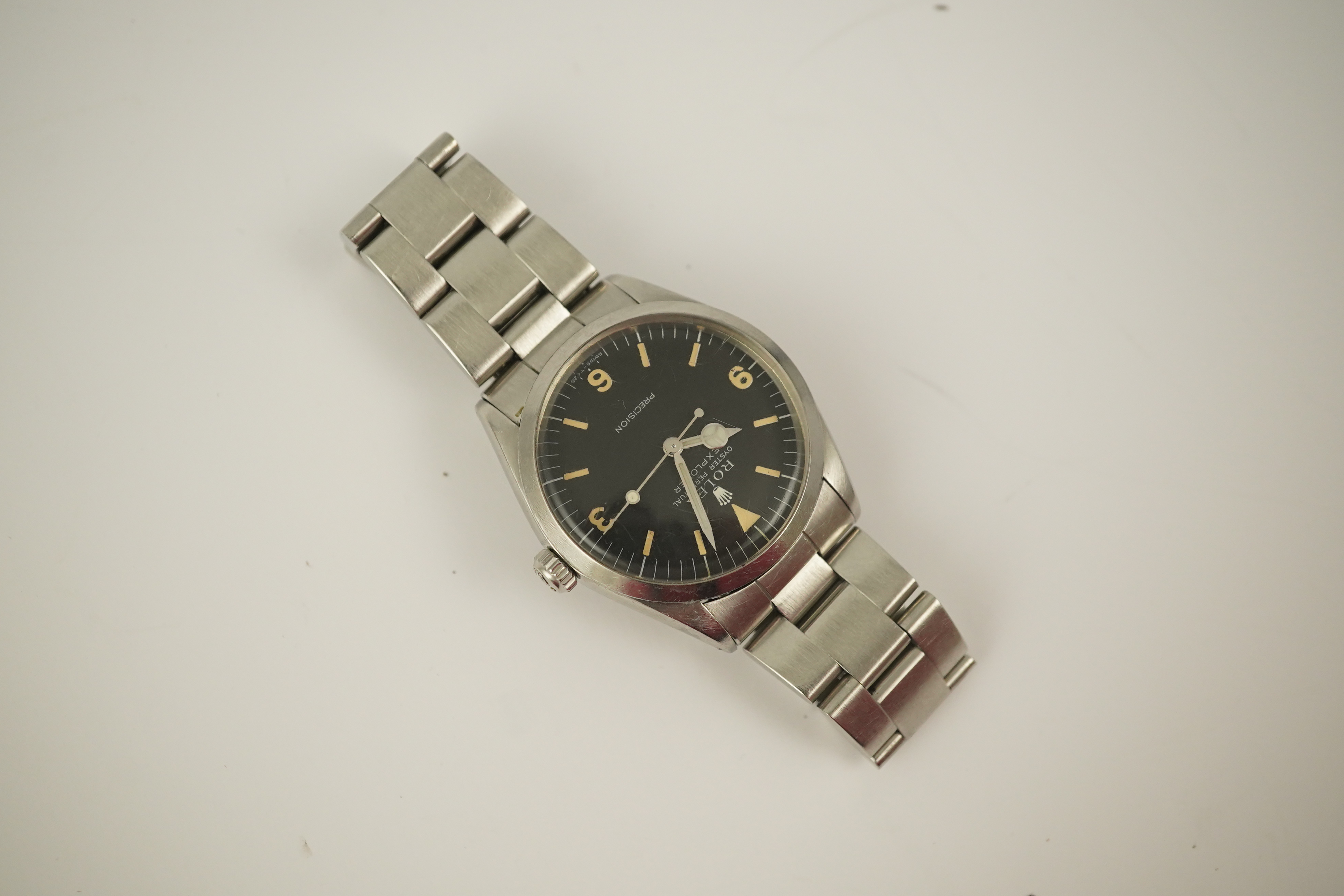 A gentleman's late 1960's Rolex Oyster Perpetual Explorer Precision wrist watch, on a stainless steel Rolex bracelet numbered 79350